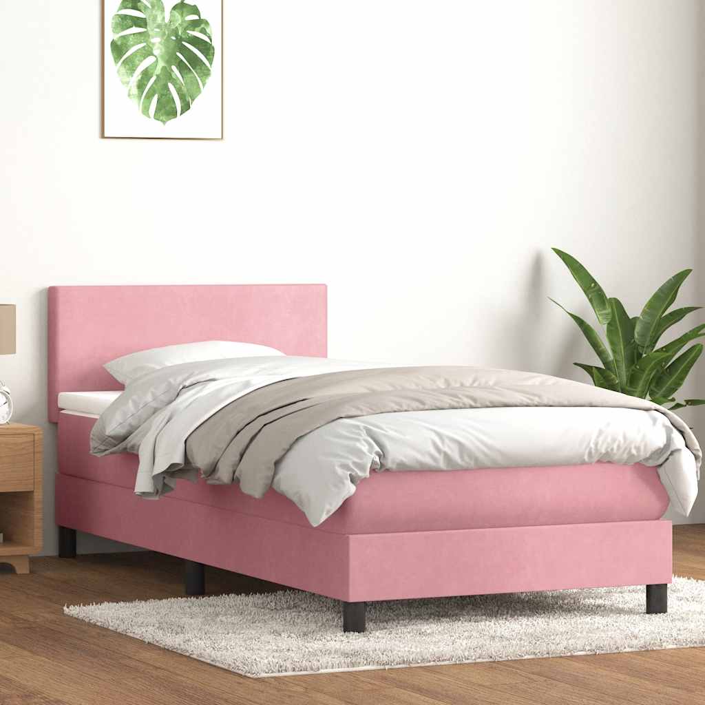 vidaXL Κρεβάτι Boxspring με Στρώμα & LED ροζ 90x210 εκ. Βελούδινο