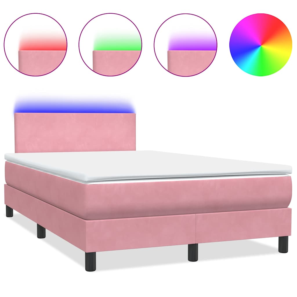 vidaXL Κρεβάτι Boxspring με Στρώμα & LED Ροζ 120x210 εκ. Βελούδινο