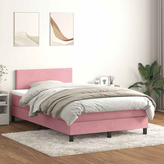 vidaXL Κρεβάτι Boxspring με Στρώμα & LED Ροζ 120x210 εκ. Βελούδινο