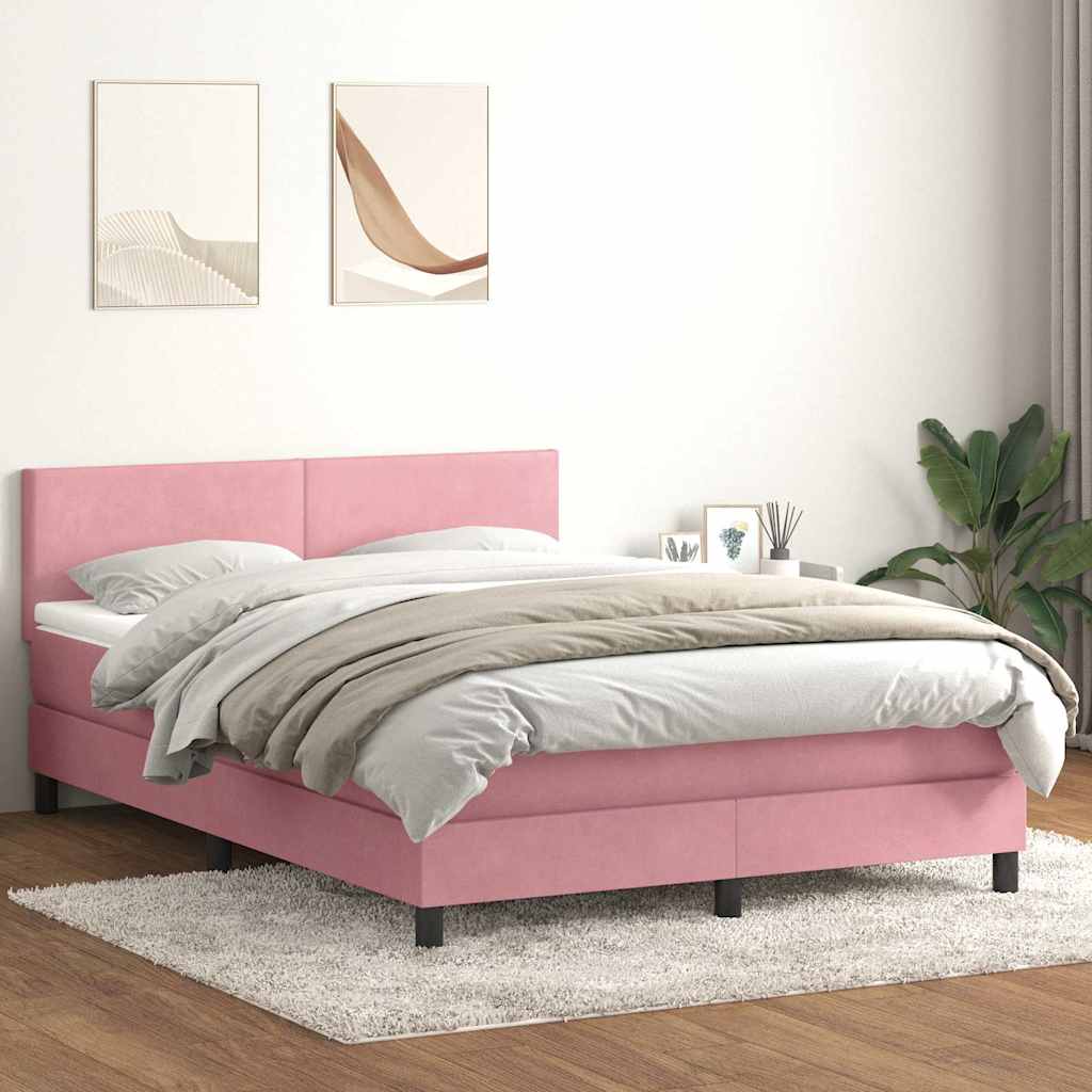 vidaXL Κρεβάτι Boxspring με Στρώμα & LED Ροζ 140x210 εκ. Βελούδινο