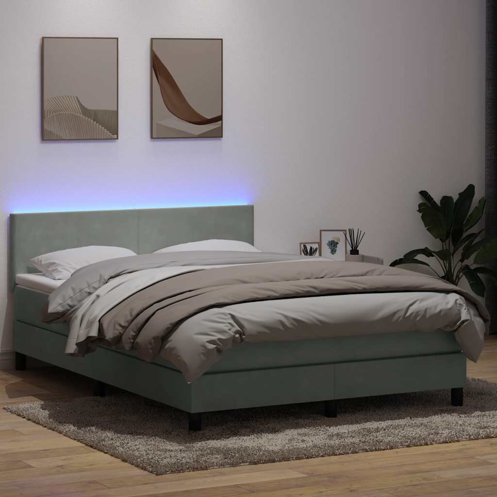 vidaXL Κρεβάτι Boxspring με Στρώμα & LED Ανοιχτό Γκρι 160x210 εκ. Βελούδινο