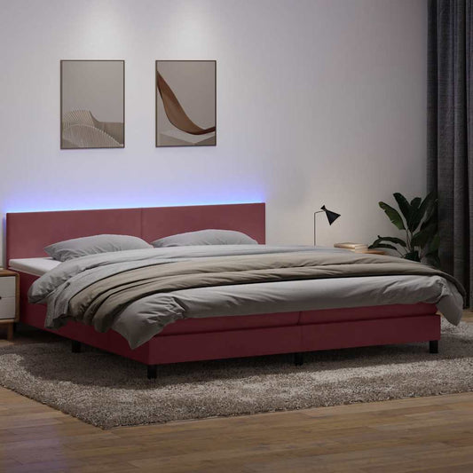 vidaXL Κρεβάτι Boxspring με Στρώμα & LED Ροζ 180x210 εκ. Βελούδινο