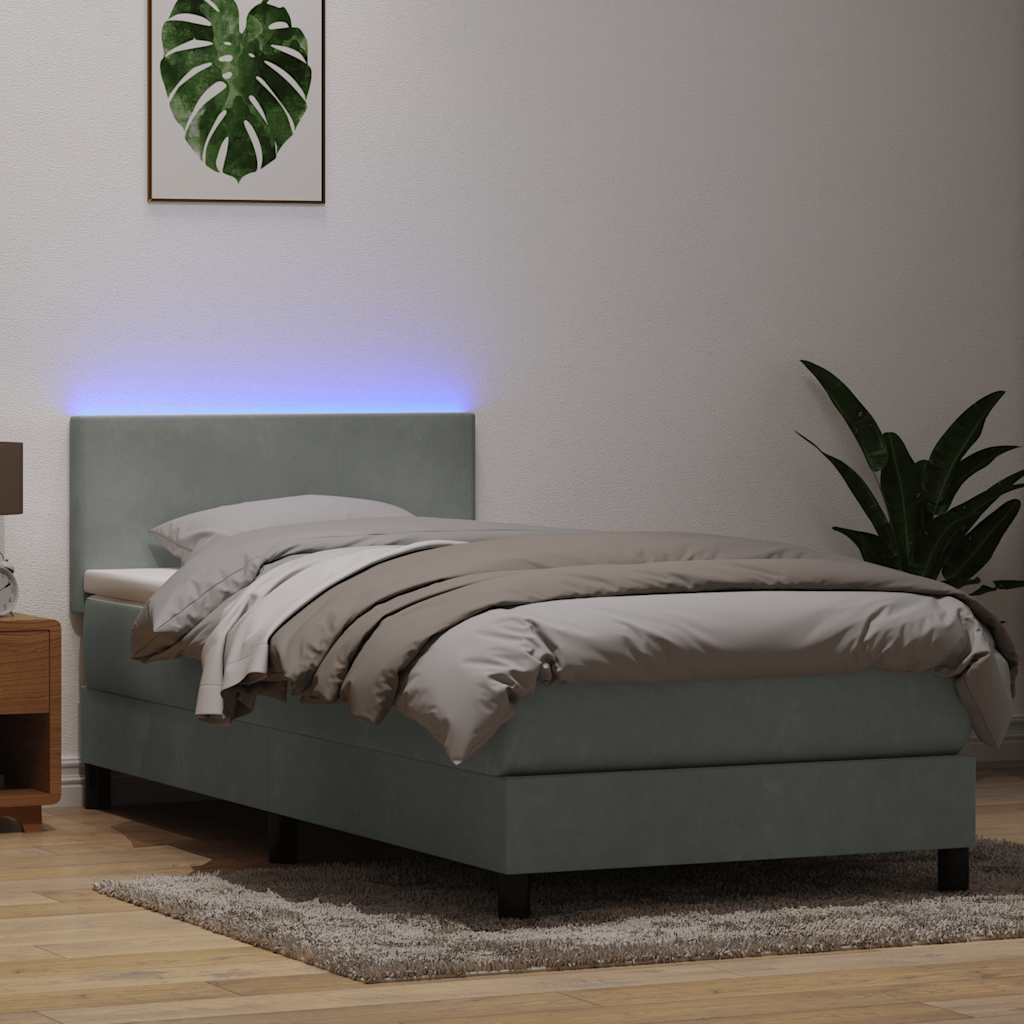 vidaXL Κρεβάτι Boxspring με Στρώμα & LED ανοιχτό γκρι 80x220 cm Βελούδινο