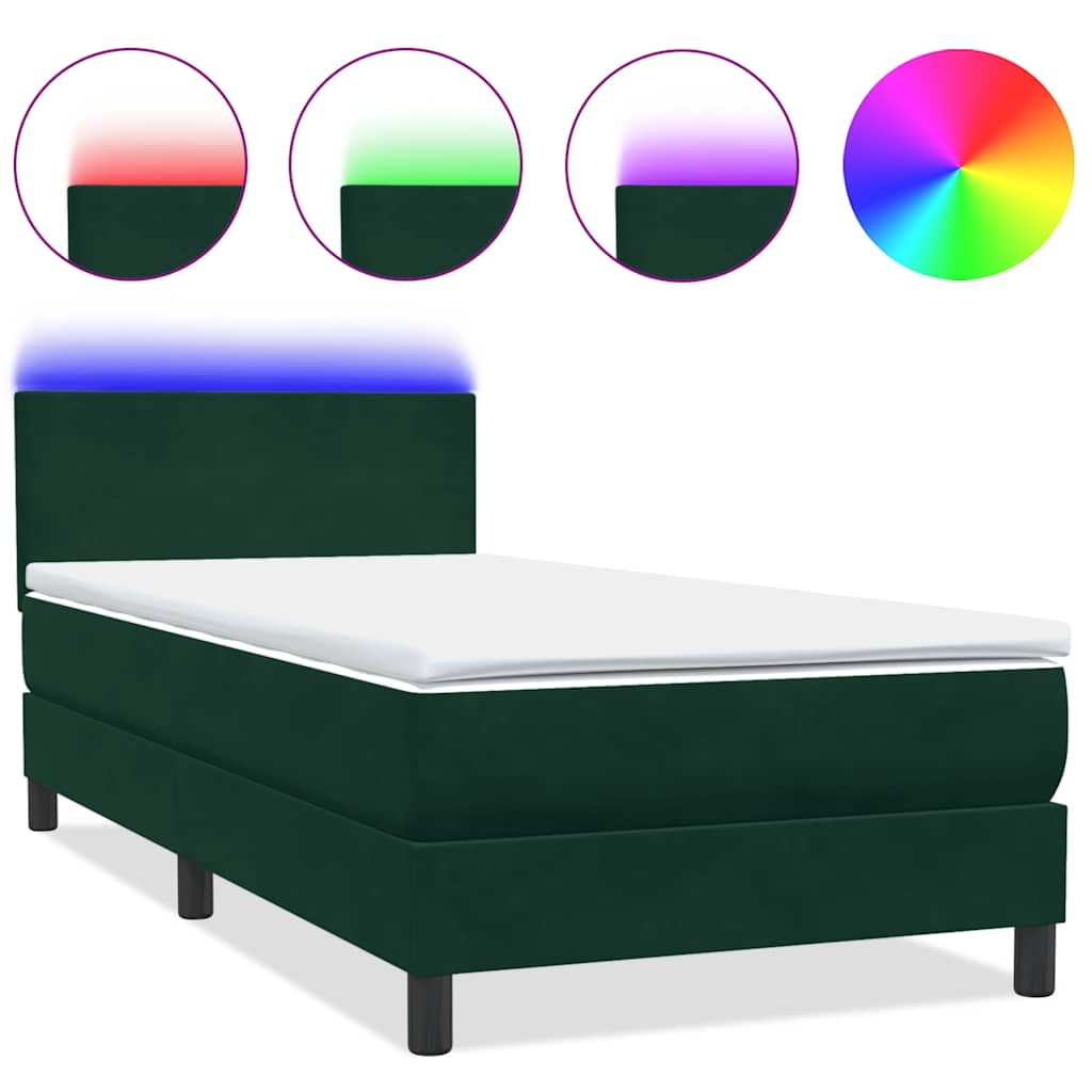 vidaXL Κρεβάτι Boxspring με Στρώμα & LED σκούρο πράσινο 80x220εκ. Βελούδινο