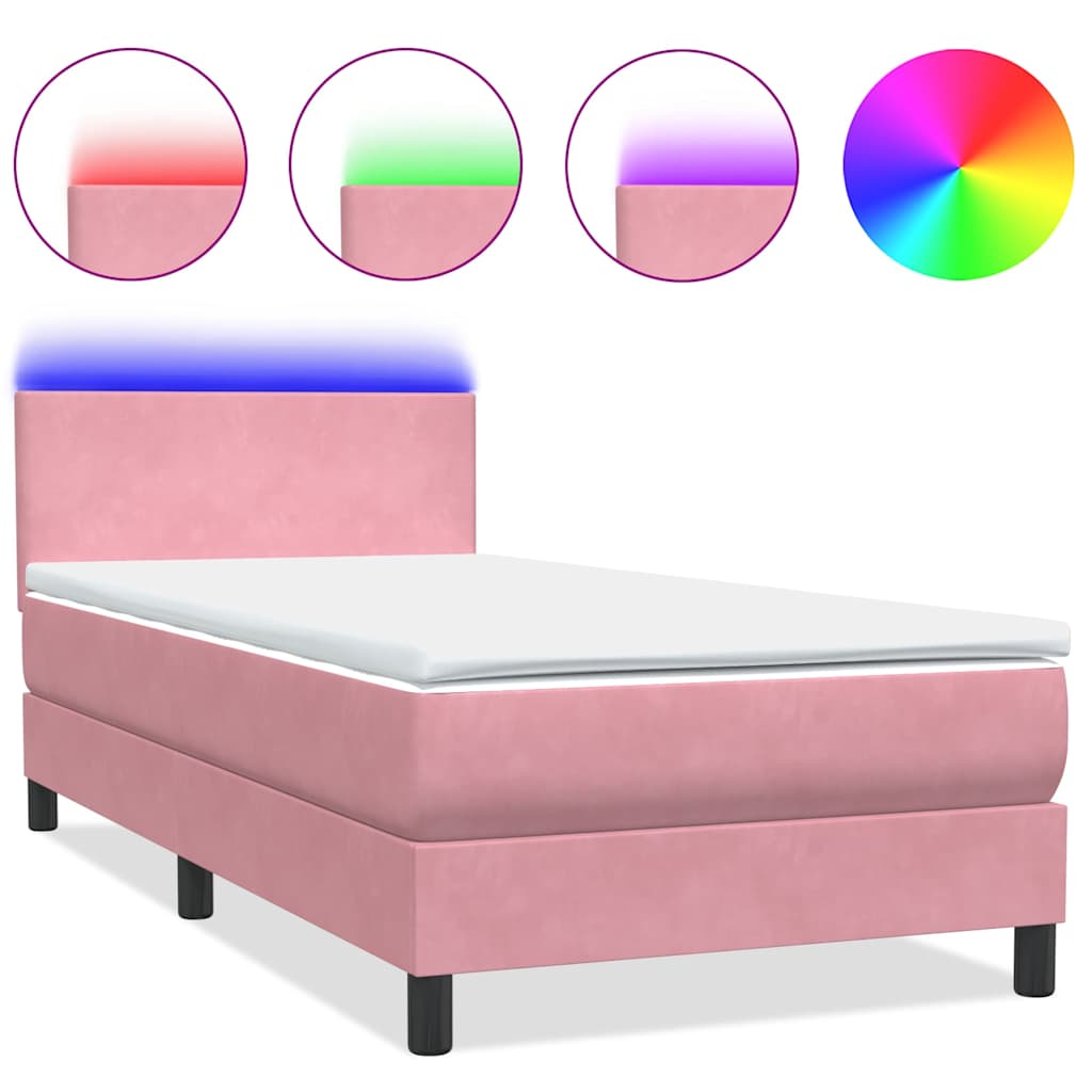 vidaXL Κρεβάτι Boxspring με Στρώμα & LED Ροζ 80x220 εκ. Βελούδινο