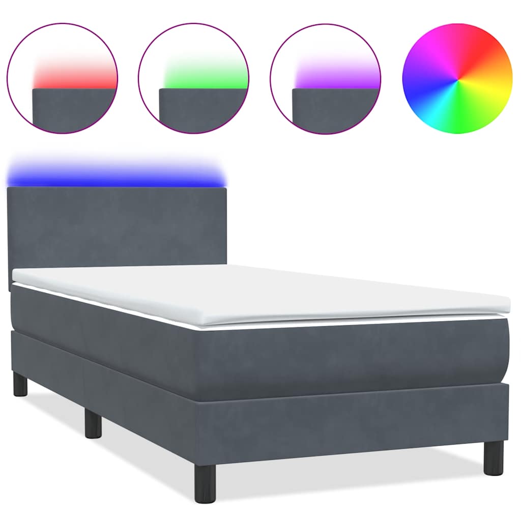 vidaXL Κρεβάτι Boxspring με Στρώμα & LED Σκούρο Γκρι 90x220 εκ. Βελούδινο