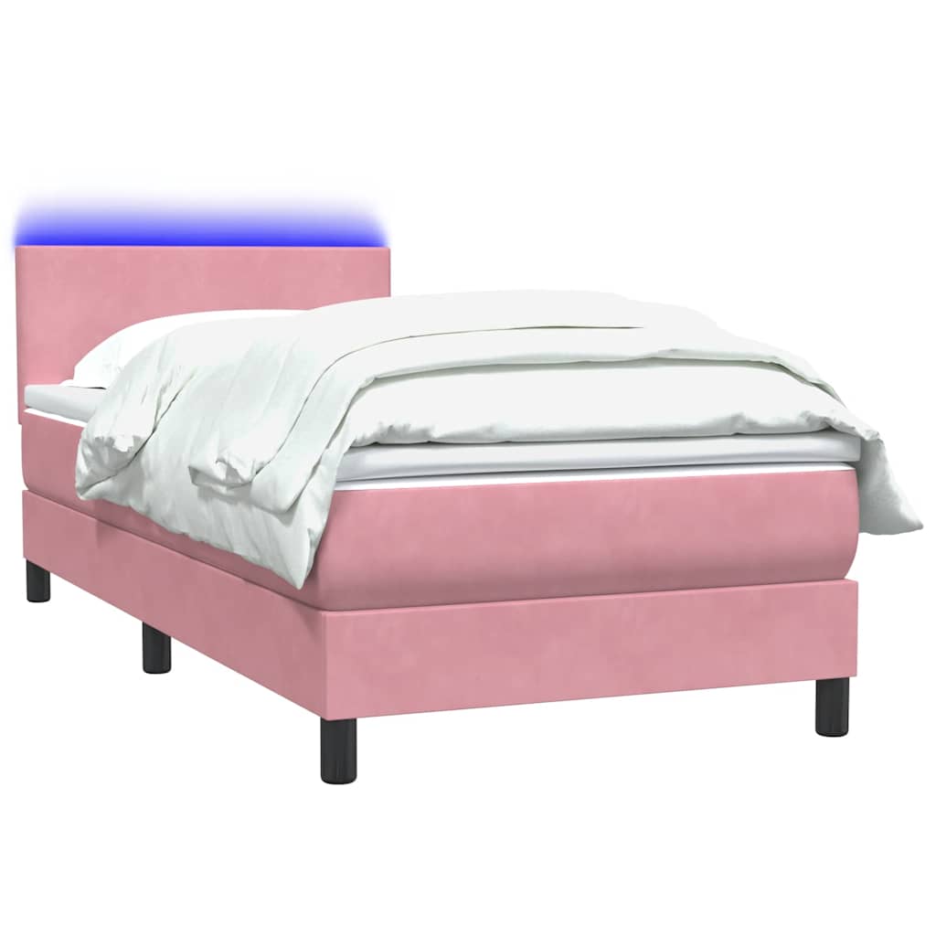 vidaXL Κρεβάτι Boxspring με Στρώμα & LED Ροζ 90x220 εκ. Βελούδινο