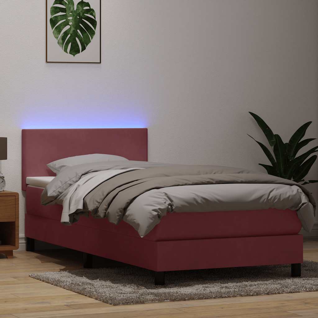 vidaXL Κρεβάτι Boxspring με Στρώμα & LED Ροζ 90x220 εκ. Βελούδινο