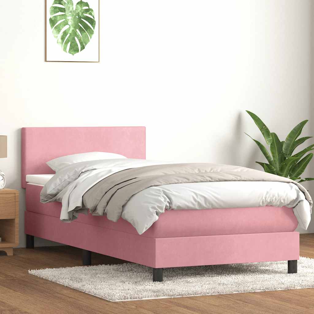 vidaXL Κρεβάτι Boxspring με Στρώμα & LED Ροζ 90x220 εκ. Βελούδινο