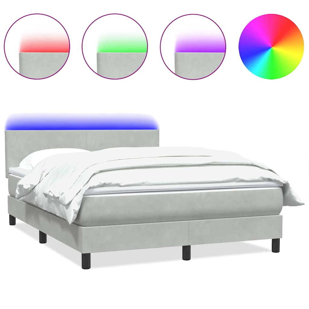 vidaXL Κρεβάτι Boxspring με Στρώμα & LED Ανοιχτό Γκρι 160x220 εκ. Βελούδινο