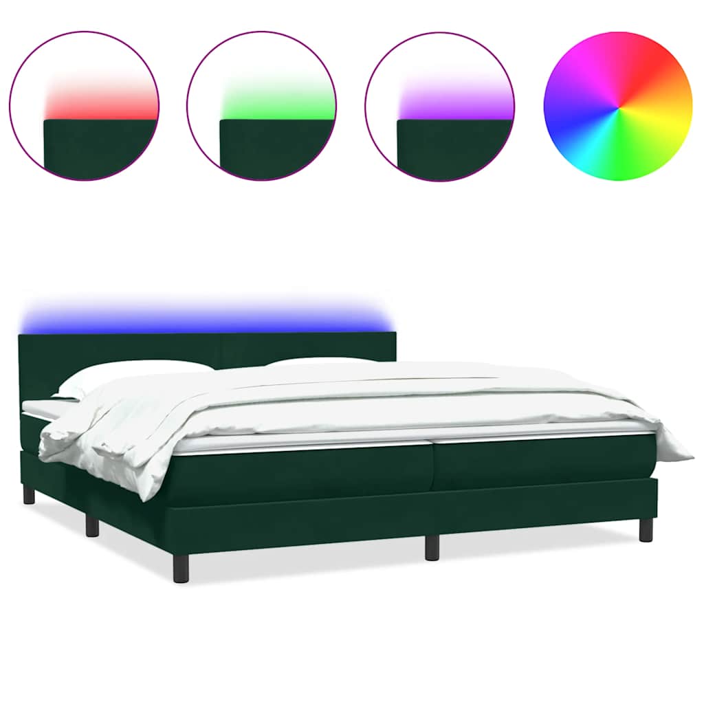 vidaXL Κρεβάτι Boxspring με Στρώμα & LED σκούρο πράσινο 180x220cm Βελούδινο