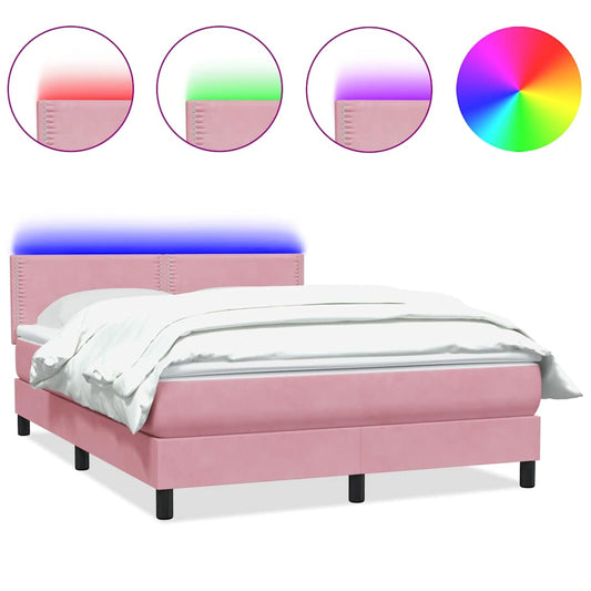 vidaXL Κρεβάτι Boxspring με Στρώμα & LED Ροζ 160x210 εκ. Βελούδινο