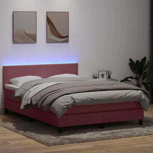 vidaXL Κρεβάτι Boxspring με Στρώμα & LED Ροζ 160x210 εκ. Βελούδινο