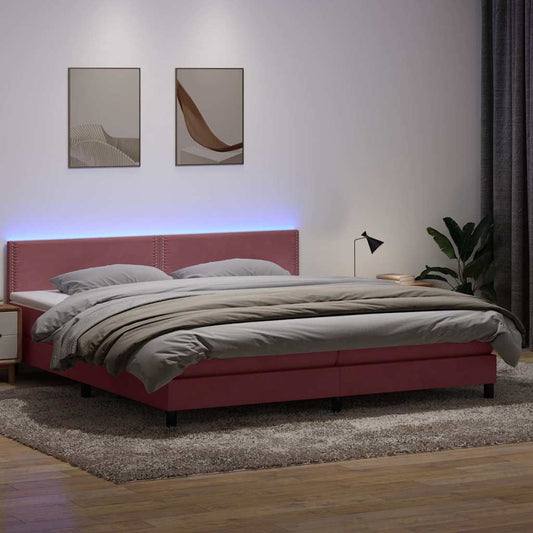 vidaXL Κρεβάτι Boxspring με Στρώμα & LED Ροζ 180x210 εκ. Βελούδινο