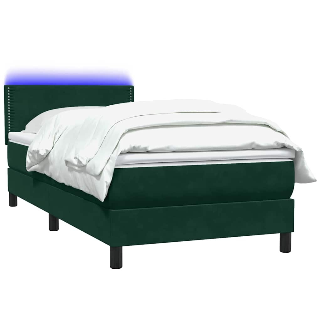 vidaXL Κρεβάτι Boxspring με Στρώμα & LED σκούρο πράσινο 80x220εκ. Βελούδινο
