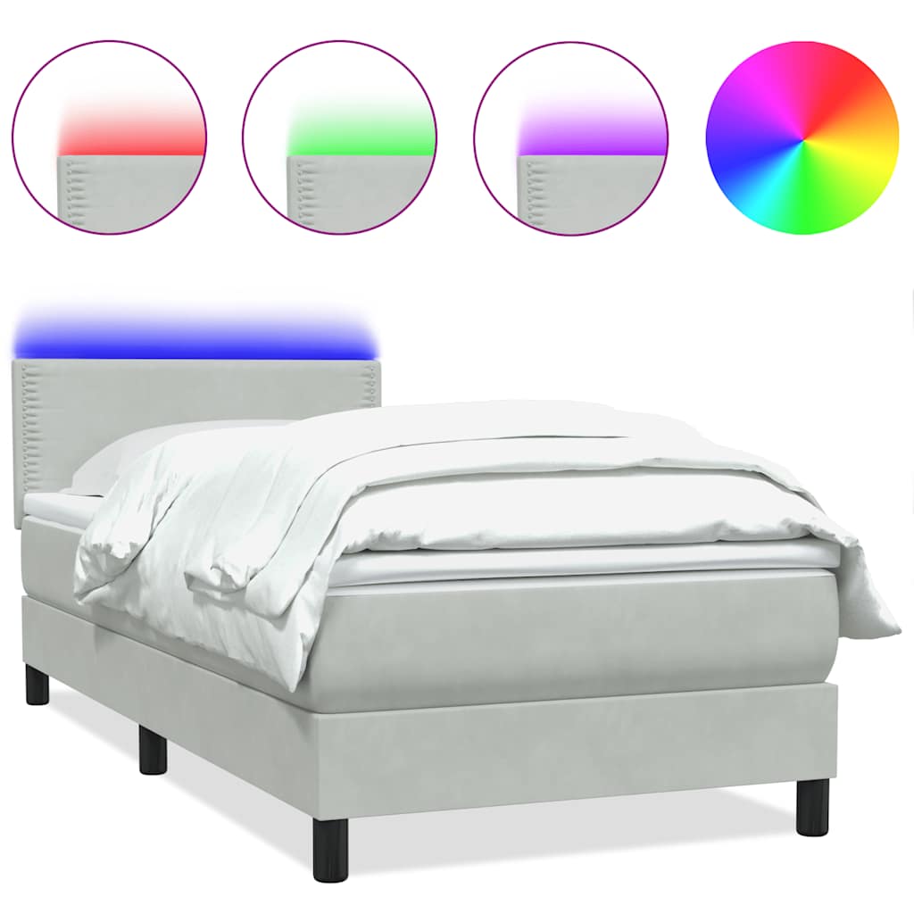 vidaXL Κρεβάτι Boxspring με Στρώμα & LED ανοιχτό γκρι 90x220 εκ. Βελούδινο