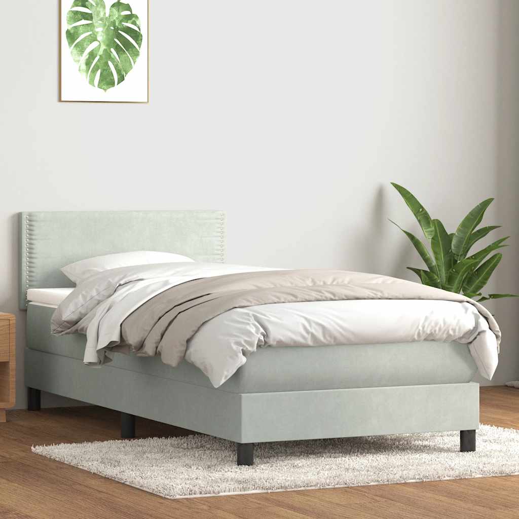 vidaXL Κρεβάτι Boxspring με Στρώμα & LED ανοιχτό γκρι 90x220 εκ. Βελούδινο
