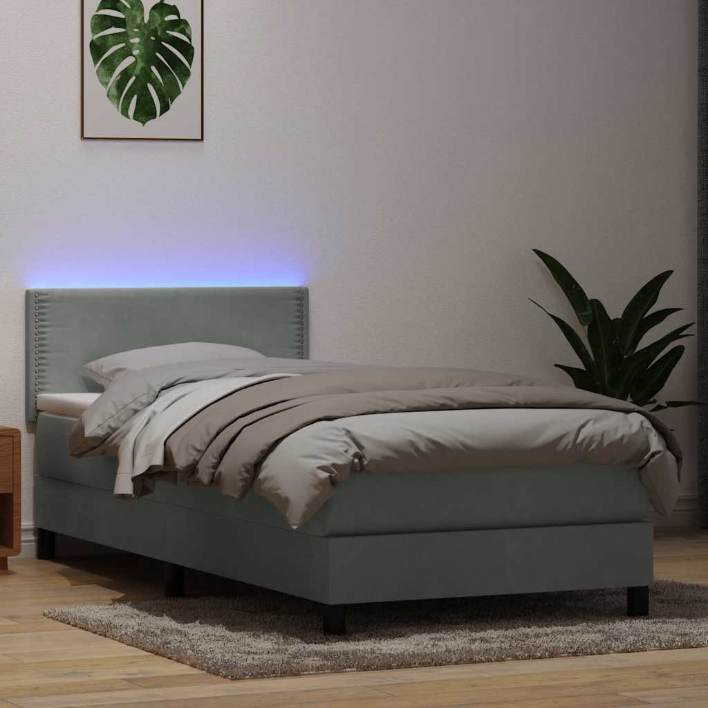vidaXL Κρεβάτι Boxspring με Στρώμα & LED ανοιχτό γκρι 90x220 εκ. Βελούδινο