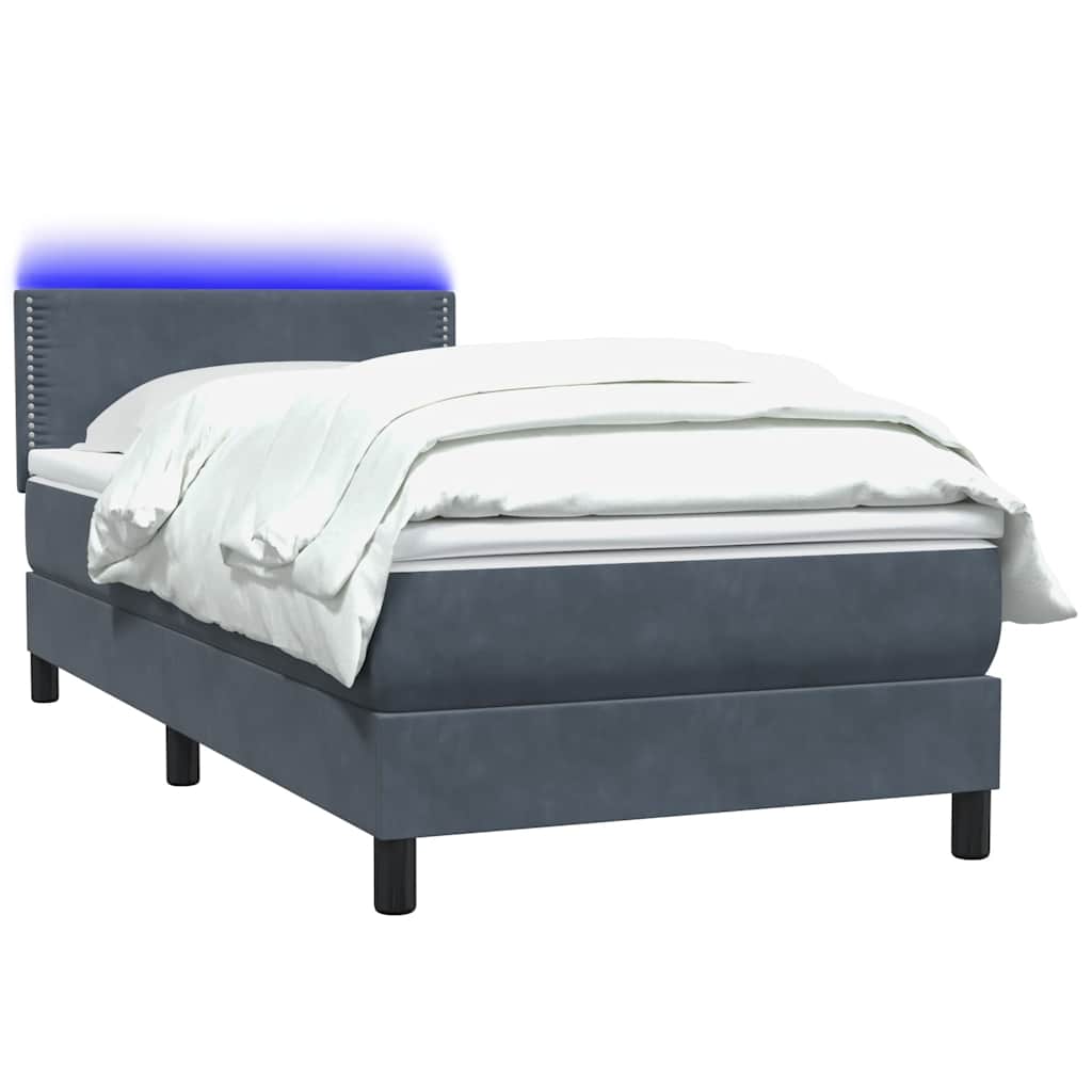 vidaXL Κρεβάτι Boxspring με Στρώμα & LED Σκούρο Γκρι 90x220 εκ. Βελούδινο