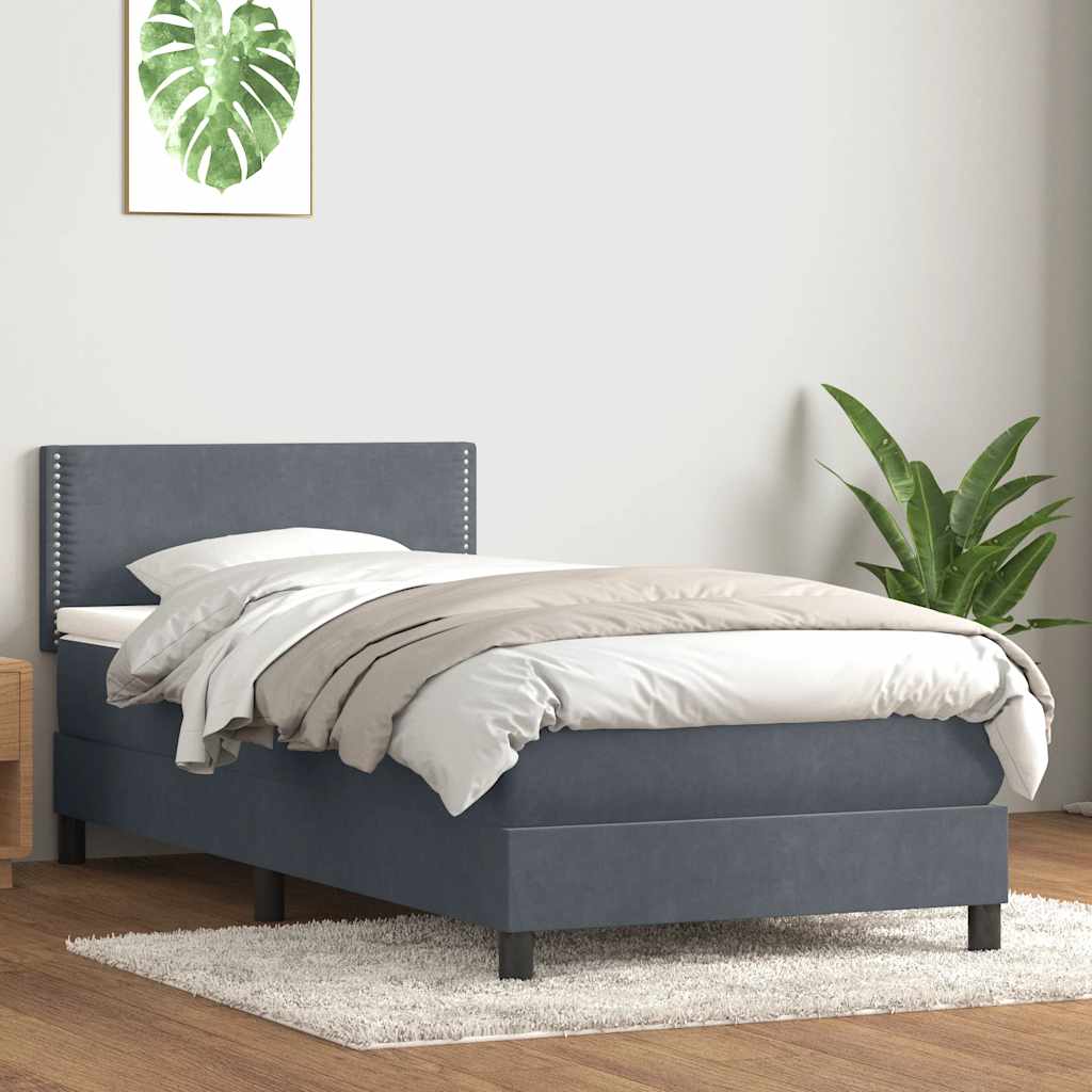 vidaXL Κρεβάτι Boxspring με Στρώμα & LED Σκούρο Γκρι 90x220 εκ. Βελούδινο