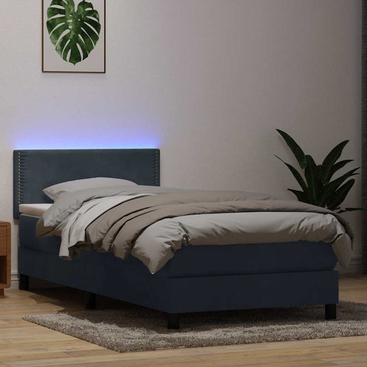 vidaXL Κρεβάτι Boxspring με Στρώμα & LED Σκούρο Γκρι 90x220 εκ. Βελούδινο