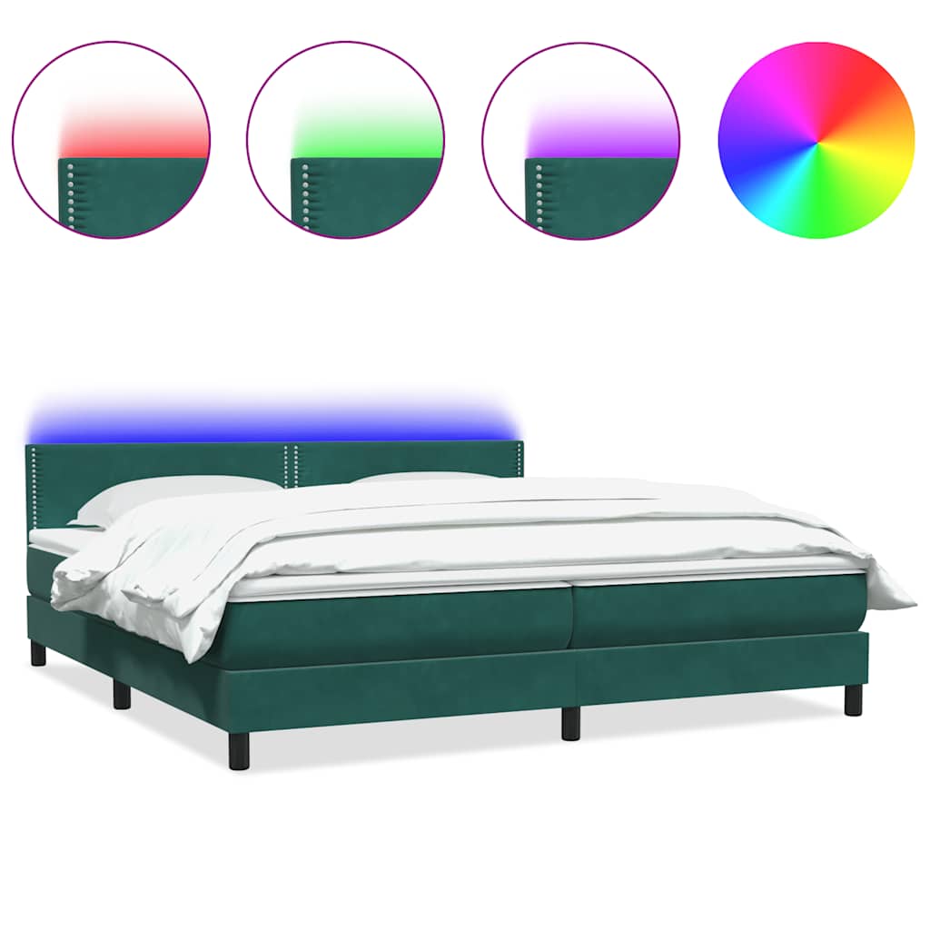 vidaXL Κρεβάτι Boxspring με Στρώμα & LED σκούρο πράσινο 180x220cm Βελούδινο
