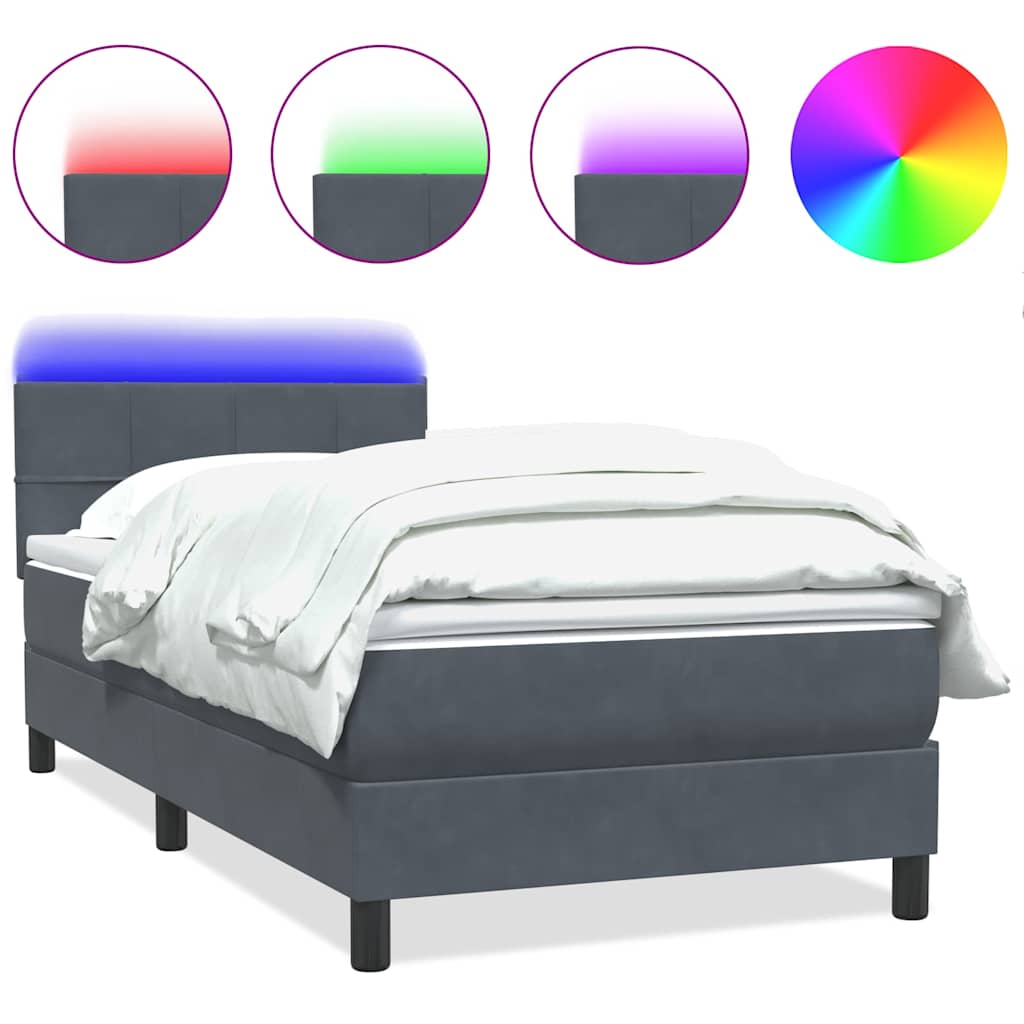 vidaXL Κρεβάτι Boxspring με Στρώμα & LED Σκούρο γκρι 80x210 εκ. Βελούδινο