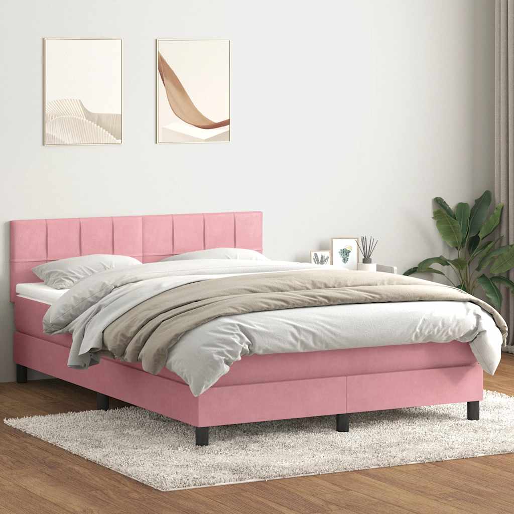 vidaXL Κρεβάτι Boxspring με Στρώμα & LED Ροζ 140x210 εκ. Βελούδινο