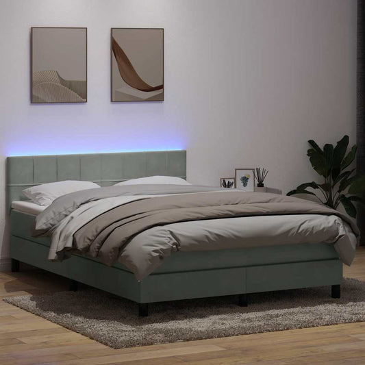 vidaXL Κρεβάτι Boxspring με Στρώμα & LED Ανοιχτό Γκρι 160x210 εκ. Βελούδινο