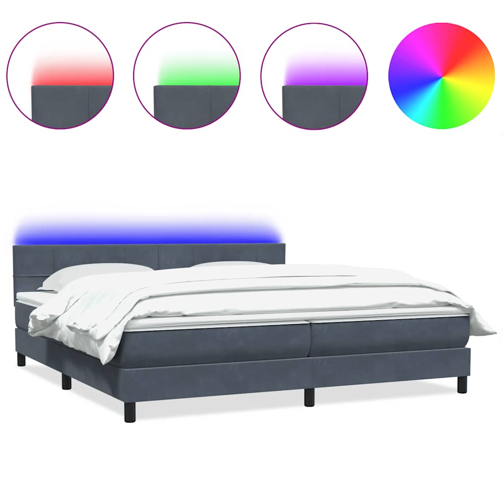 vidaXL Κρεβάτι Boxspring με Στρώμα & LED Σκούρο Γκρι 180x210 εκ. Βελούδινο