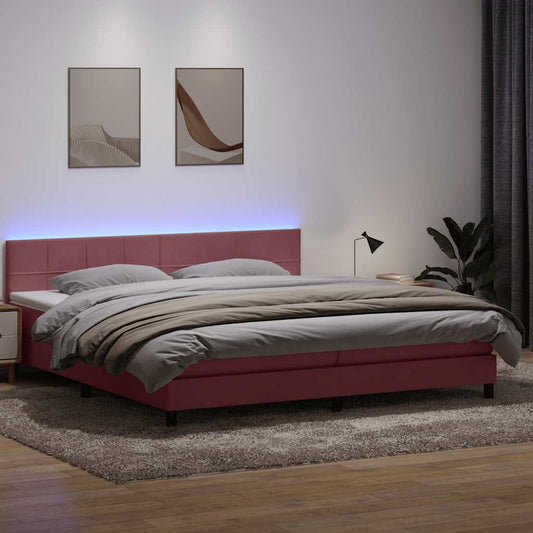 vidaXL Κρεβάτι Boxspring με Στρώμα & LED Ροζ 180x210 εκ. Βελούδινο