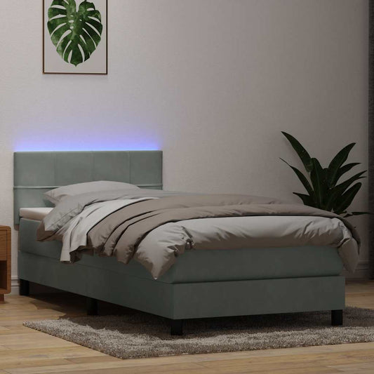 vidaXL Κρεβάτι Boxspring με Στρώμα & LED ανοιχτό γκρι 80x220 cm Βελούδινο