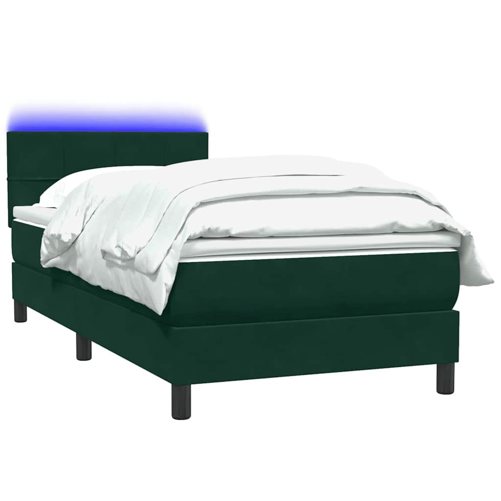 vidaXL Κρεβάτι Boxspring με Στρώμα & LED σκούρο πράσινο 80x220εκ. Βελούδινο