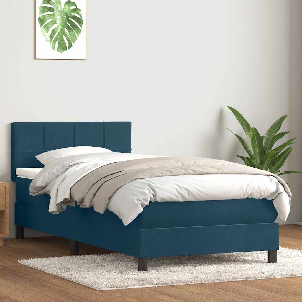 vidaXL Κρεβάτι Boxspring με Στρώμα & LED Σκούρο Μπλε 80x220 εκ. Βελούδινο