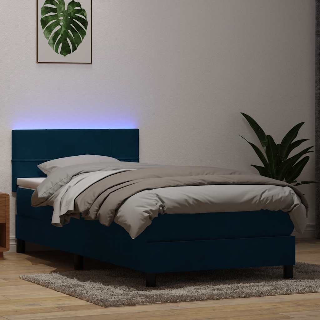 vidaXL Κρεβάτι Boxspring με Στρώμα & LED Σκούρο Μπλε 80x220 εκ. Βελούδινο