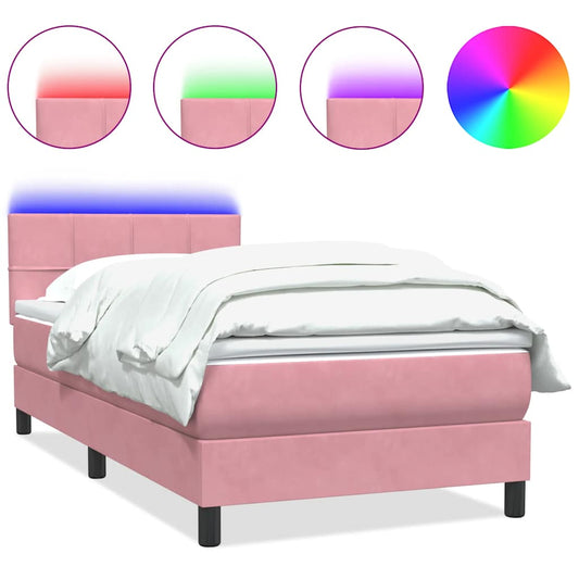 vidaXL Κρεβάτι Boxspring με Στρώμα & LED Ροζ 80x220 εκ. Βελούδινο