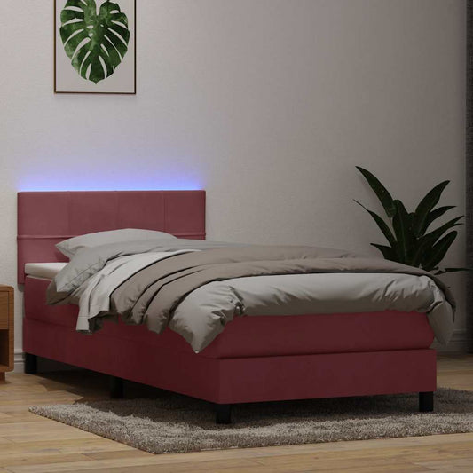vidaXL Κρεβάτι Boxspring με Στρώμα & LED Ροζ 80x220 εκ. Βελούδινο