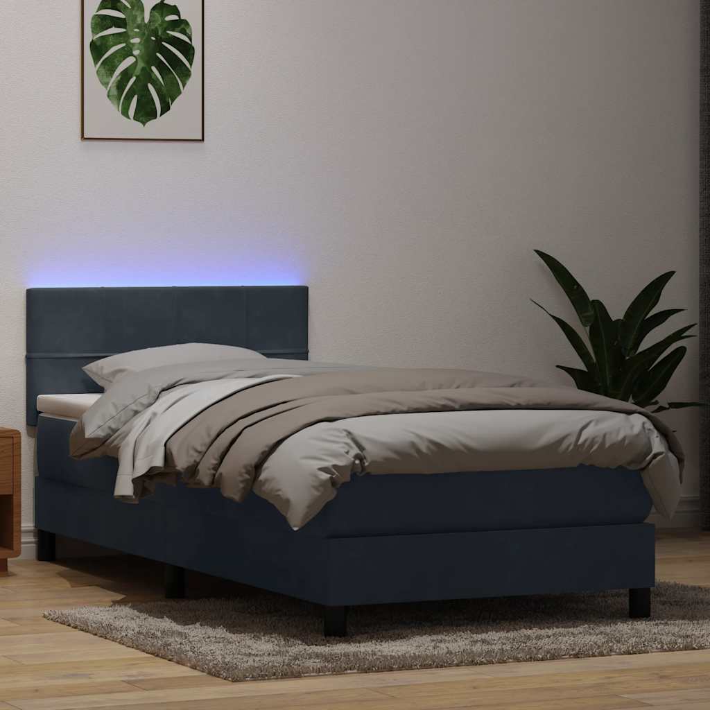 vidaXL Κρεβάτι Boxspring με Στρώμα & LED Σκούρο Γκρι 90x220 εκ. Βελούδινο