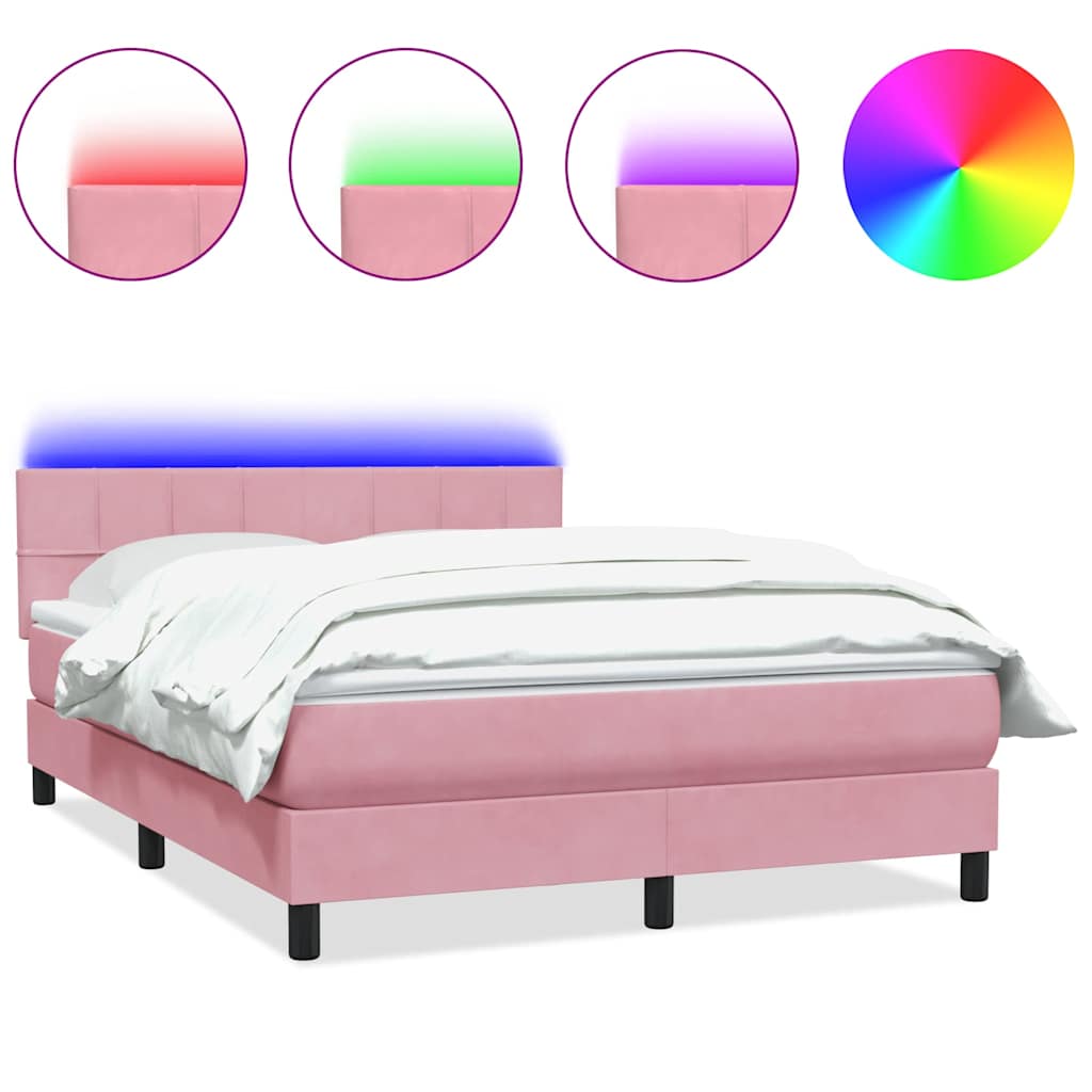vidaXL Κρεβάτι Boxspring με Στρώμα & LED ροζ 140x220 cm Βελούδινο