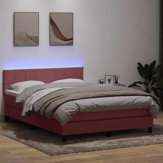 vidaXL Κρεβάτι Boxspring με Στρώμα & LED ροζ 140x220 cm Βελούδινο