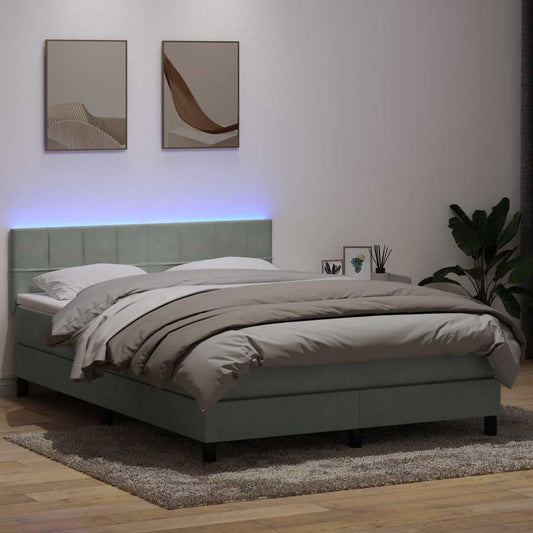 vidaXL Κρεβάτι Boxspring με Στρώμα & LED Ανοιχτό Γκρι 160x220 εκ. Βελούδινο