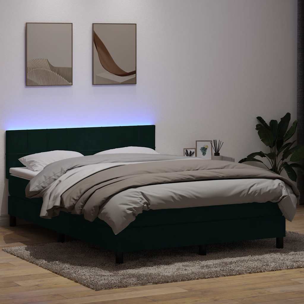vidaXL Κρεβάτι Boxspring με Στρώμα & LED σκούρο πράσινο 160x220cm Βελούδινο