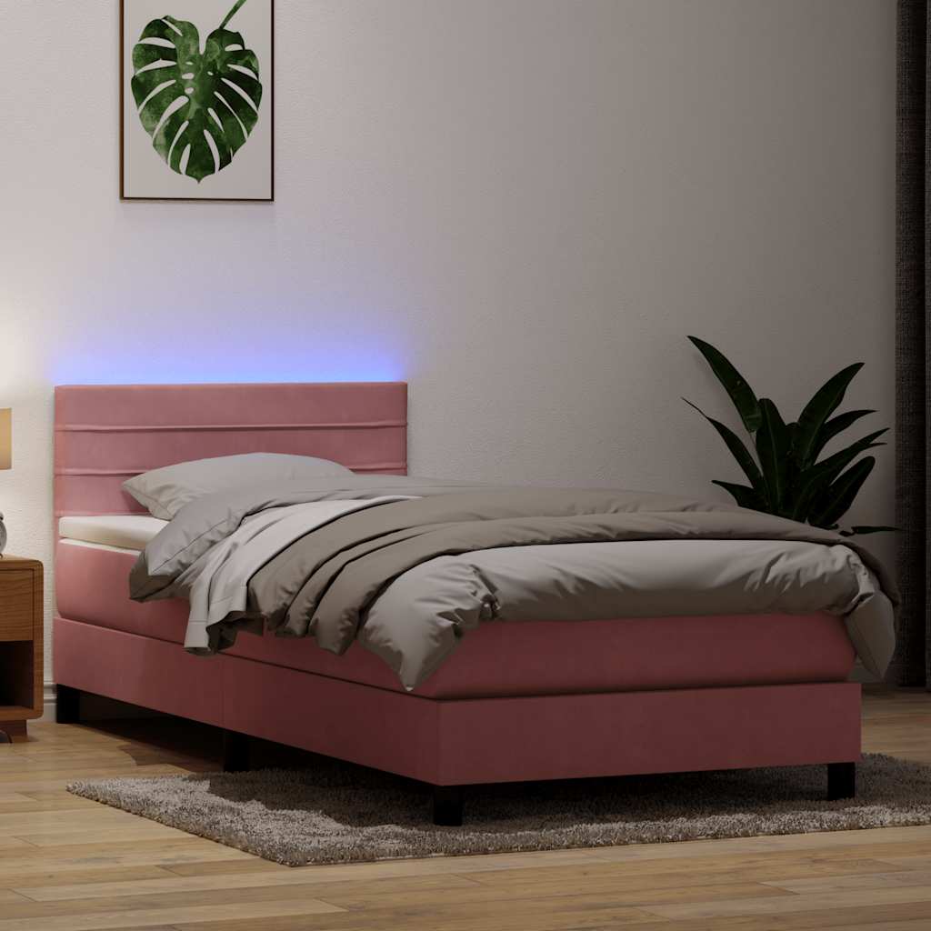 vidaXL Κρεβάτι Boxspring με Στρώμα & LED ροζ 90x210 εκ. Βελούδινο