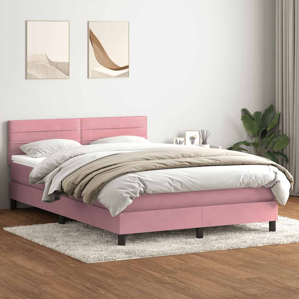 vidaXL Κρεβάτι Boxspring με Στρώμα & LED Ροζ 140x210 εκ. Βελούδινο