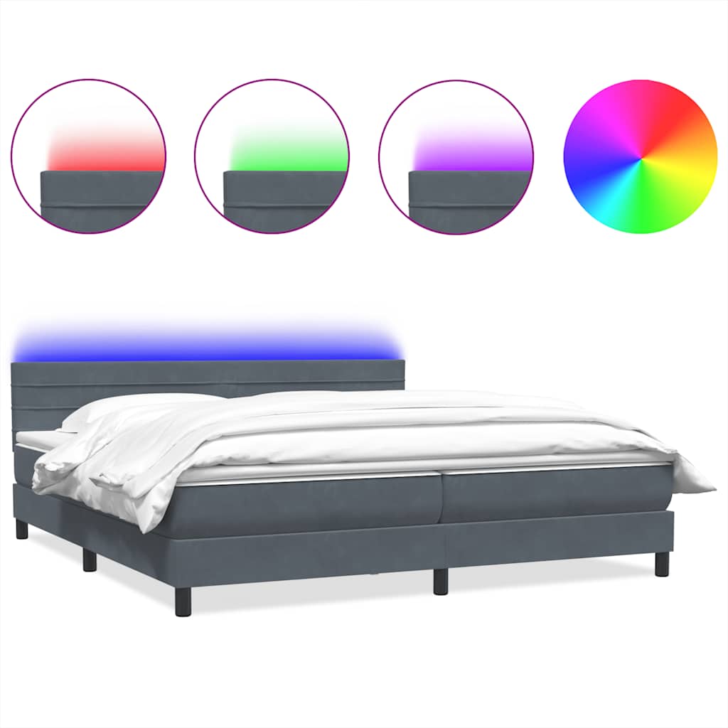 vidaXL Κρεβάτι Boxspring με Στρώμα & LED Σκούρο Γκρι 180x210 εκ. Βελούδινο