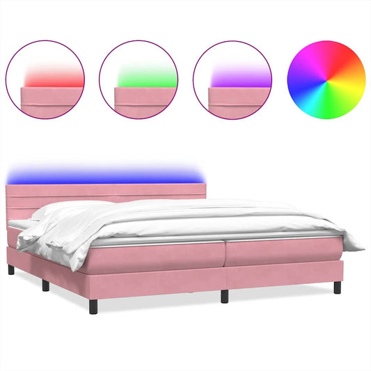 vidaXL Κρεβάτι Boxspring με Στρώμα & LED Ροζ 180x210 εκ. Βελούδινο