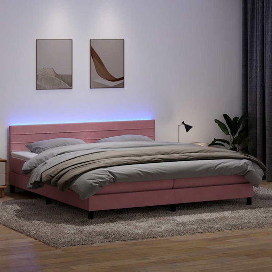 vidaXL Κρεβάτι Boxspring με Στρώμα & LED Ροζ 180x210 εκ. Βελούδινο