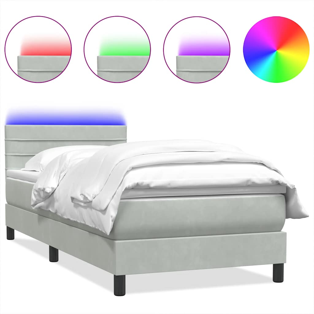 vidaXL Κρεβάτι Boxspring με Στρώμα & LED ανοιχτό γκρι 80x220 cm Βελούδινο