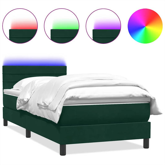vidaXL Κρεβάτι Boxspring με Στρώμα & LED σκούρο πράσινο 80x220εκ. Βελούδινο
