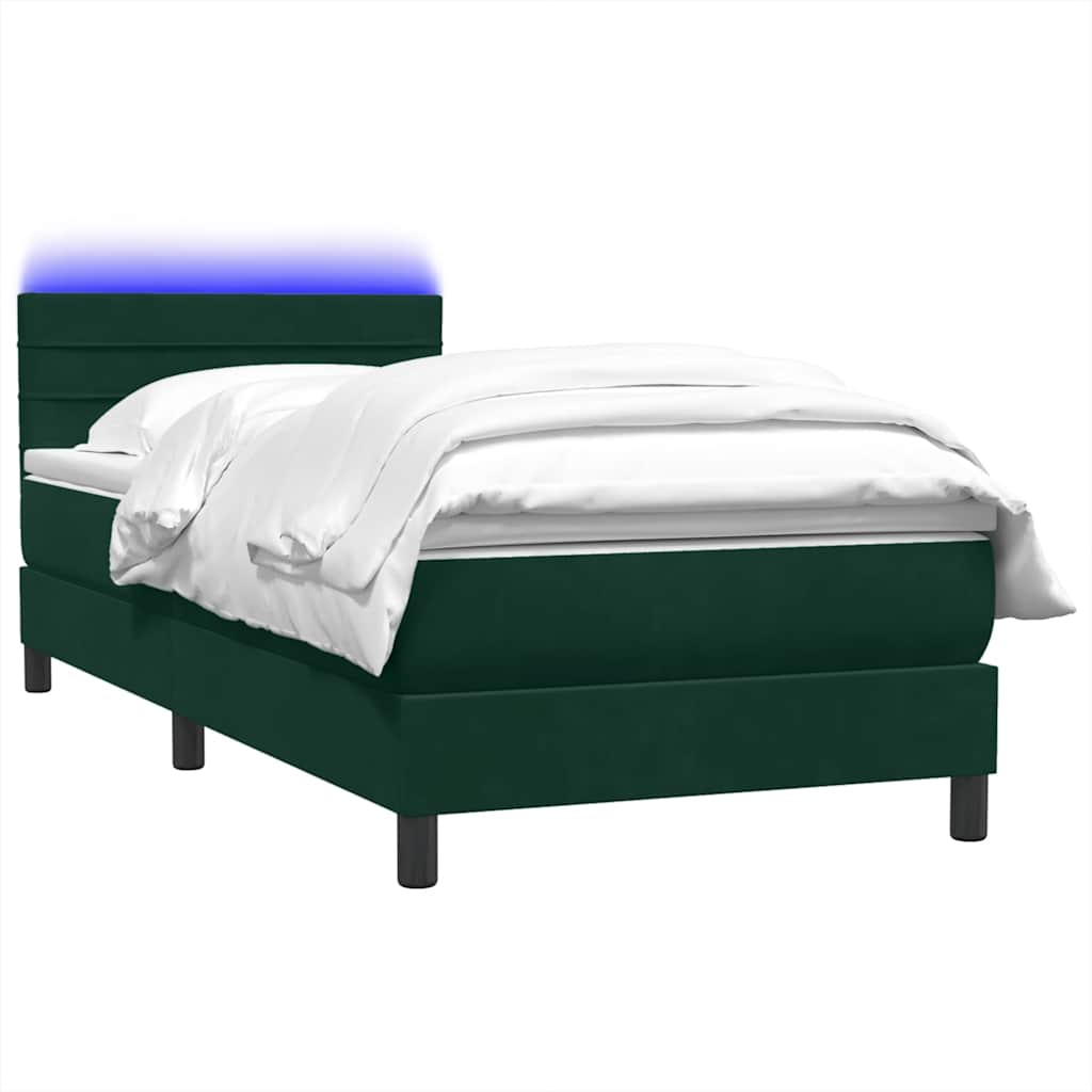 vidaXL Κρεβάτι Boxspring με Στρώμα & LED σκούρο πράσινο 80x220εκ. Βελούδινο